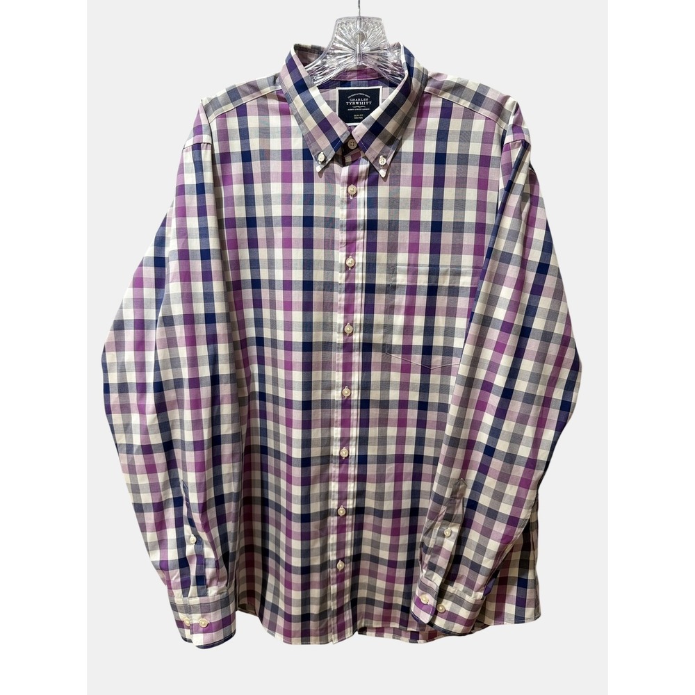 Charles Tyrwhitt Mens Slim Fit Non-Iron Purple Check Button Down Shirt Preppy/L